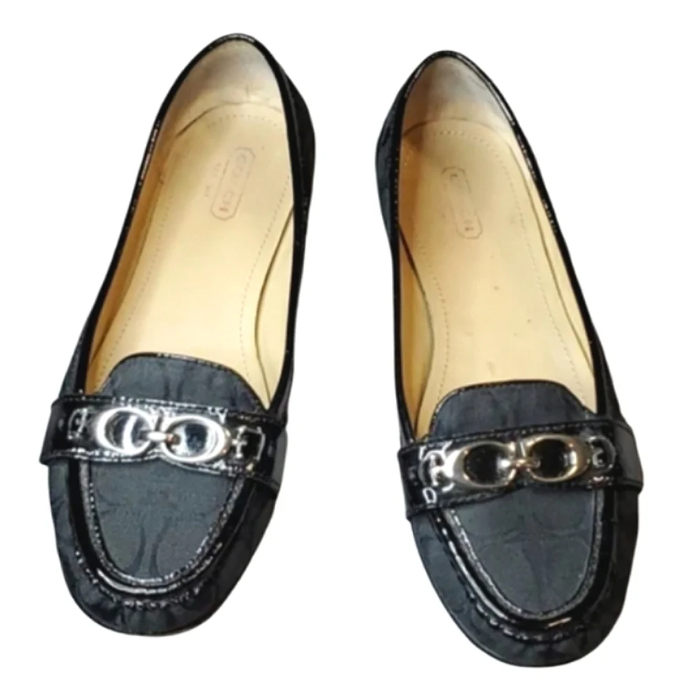 COACH Enrica Jacquard Patent Logo Flats Loafers Shoes EUC